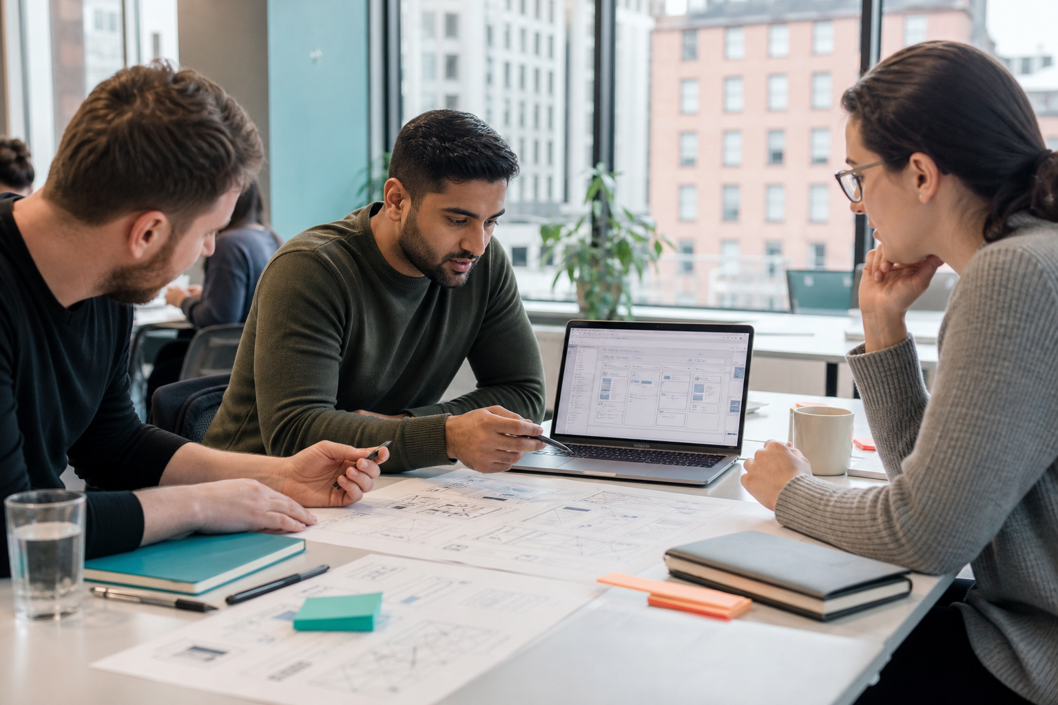 Software team reviewing application plans in a workshop